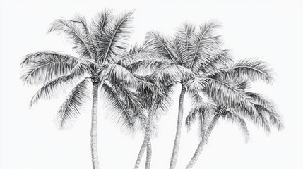 Monochrome illustration of several coconut palm trees against a white background.