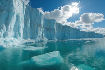 Glacier wall, teal water, icebergs, sunny sky.