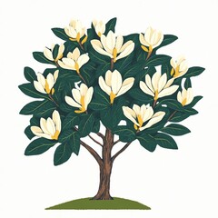 Fototapeta premium A full view of a magnolia tree with lush, detailed leaves and creamy-white blossoms, a representation of nature's beauty, planted in the ground, in a flat design style.