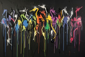 A vibrant mural features numerous stylized birdlike creatures in a range of bright colors, their forms rendered with dripping paint effects against a dark background. The style is expressive and abstr