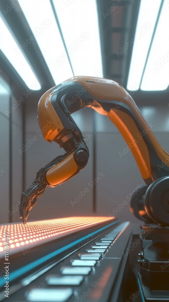 Poster robotic arm interacting with a digital interface. ai.