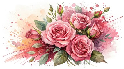 Vibrant Watercolor Rose Flowers with Colorful Splash Background