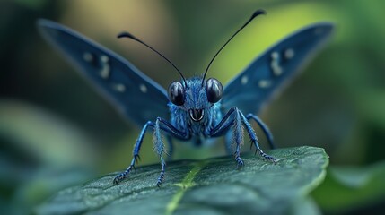 A close-up of a vibrant blue butterfly perched on a leaf.
