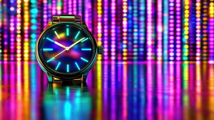 Stylish Wristwatch with Vibrant Neon Lights in Modern Artistic Setting
