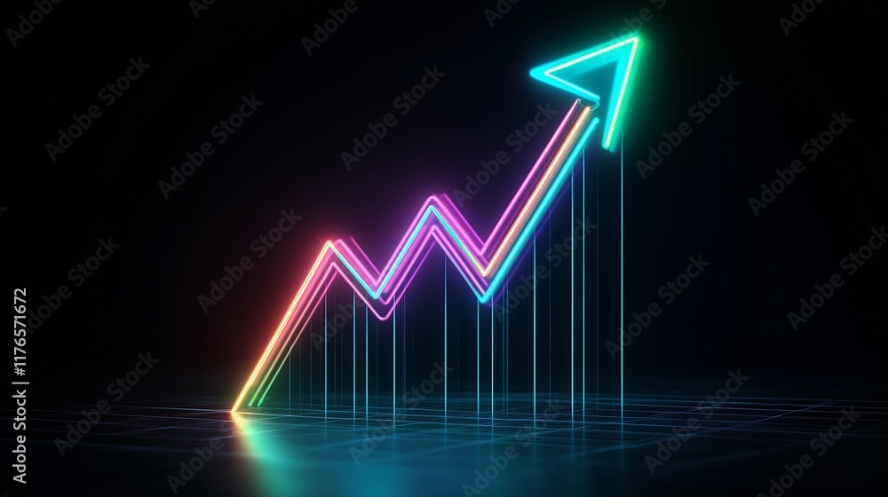 Poster neon light arrows on bar graph illustrate success in business growth : generative ai