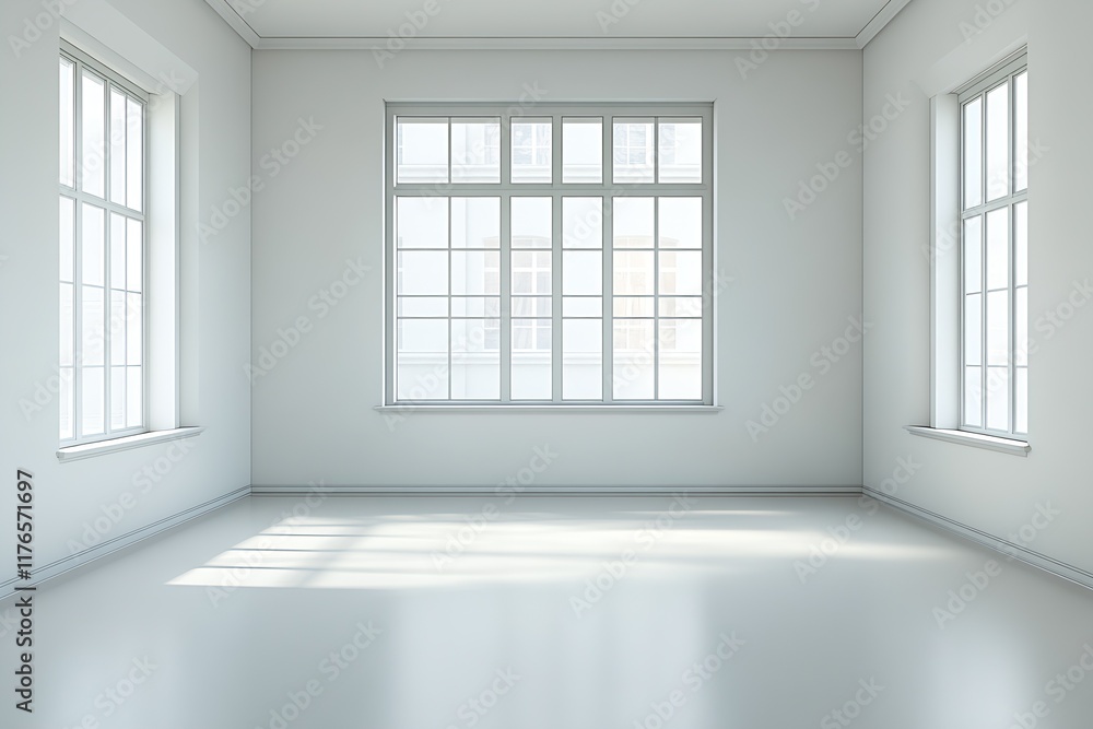 Poster Bright empty room with minimalistic decor large windows and reflective floor : Generative AI