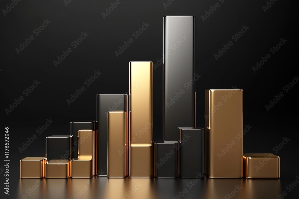 Poster Sleek Black and Gold Bar Graph in Three Dimensional Abstract Financial Visualization : Generative AI