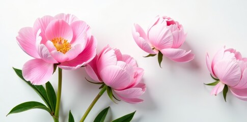 Obraz premium Full bloom pink peonies, pristine white backdrop, image, blossom, isolated