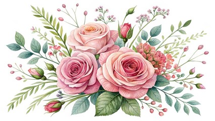 Beautiful Pink Roses and Buds in Watercolor Style Artwork