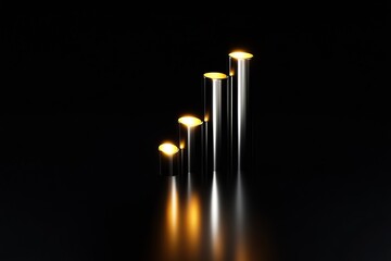 Ascending Minimalist Columnar Candle Holders in Metallic Finish with Warm Lights Illuminating on Dark Background : Generative AI