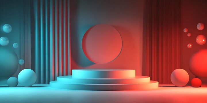 Modern and stylish 3D rendering of a product display with a vibrant color palette and geometric shapes,perfect for showcasing cosmetics,perfumes