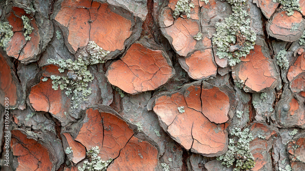 Poster close-up of scaly texture of pine tree bark with unique patterns and colors