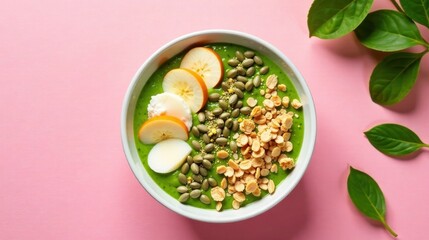 Vibrant Green Smoothie Bowl with Apple, Granola, and Seeds on Pink Background