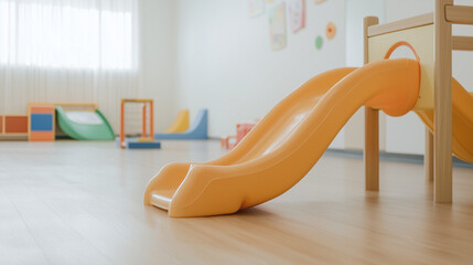 Playful Slide in a Spacious Playroom: A vibrant yellow slide beckons in a bright and spacious playroom, inviting children to explore and have fun.