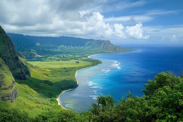 Ocean cove, lush green cliffs, blue water.