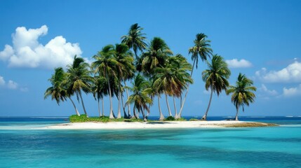 Tropical island paradise with palm trees and turquoise water.