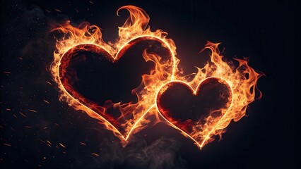 Fiery Hearts with Flames on Dark Background for Romantic Themes