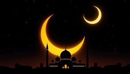 Obraz premium a stunning night scene with a crescent moon, the larger one shining brightly. Beneath the moons is a silhouetted landscape that looks like a mosque with prominent domes and minarets, Ramadan kareem