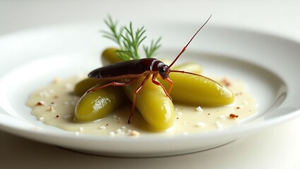A detailed shot of a cockroach perched on pickles cucumber placed on a white plate, highlighting contamination risks, food safety issues, and unsanitary practices