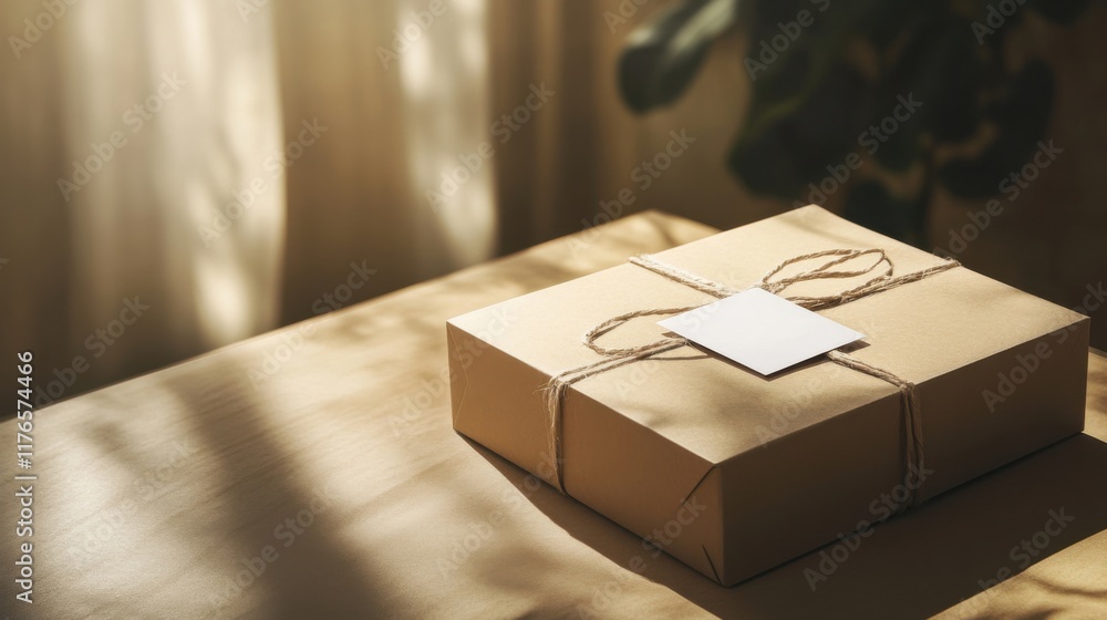 Poster a box with a tag tied to it