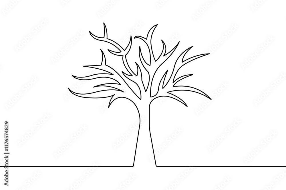 Poster single continuous line drawing of tree. simple modern linear drawing of tree, minimalism style one l