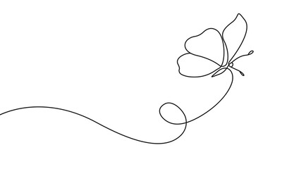 Butterfly Continuous Line Art drawing. Butterfly Flying Isolated Vector Linear Illustration. Simple Hand Drawing for Trendy Minimalistic Background, Pattern, Invitation.