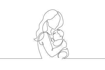 Happy Mother`s Day Line Art Vector Illustration. Continuous Single Line Drawing of Mother Holds Little Child. Happy Family Hand Drawn Contour Silhouette Outline Style