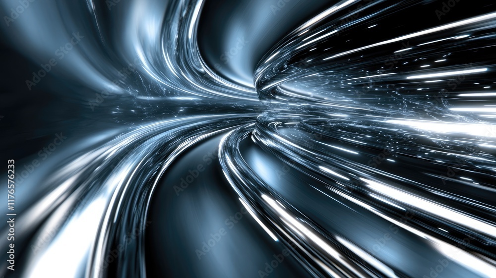 Poster abstract metallic swirl with reflective, futuristic light patterns