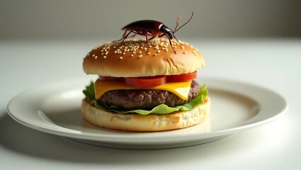 A detailed shot of a cockroach perched on american burger placed on a white plate, highlighting contamination risks, food safety issues, and unsanitary practices