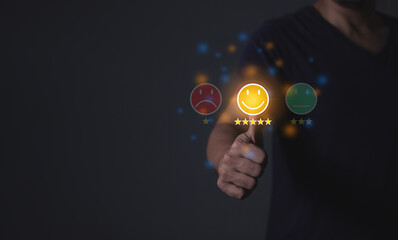 Happy Customer, Young Man hand touching emoji five star to review and give 5 stars with very good results in service, Good review 5 star rating choice feedback