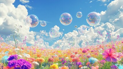 Colorful flowers and iridescent bubbles float in a vibrant meadow under a sunny sky.