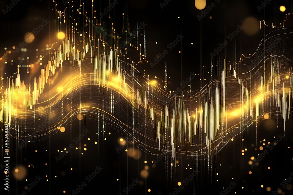 Poster golden financial soundwave with light particles on dark background : generative ai