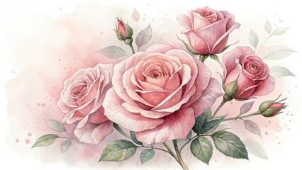 Fototapeta premium Soft Watercolor Roses in Delicate Pink and Green Tones