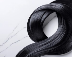 A sleek, black hair strand elegantly loops over a smooth marble surface, showcasing its shiny texture and graceful flow.