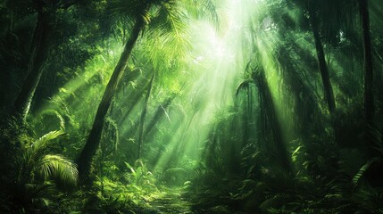 Obraz premium Sunbeams pierce dense jungle canopy.