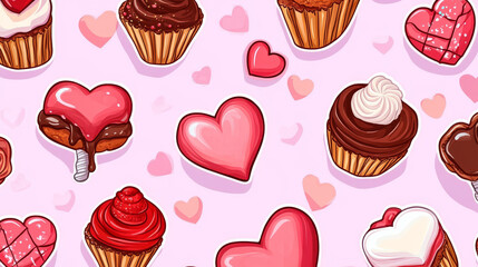 Stickers pack of Valentines heart pink candy lollipop, sweets and confectionery, vector food. Cartoon heart shaped chocolate candy, cake, cupcake and cookie, lollipop, caramel and marshmallow stickers