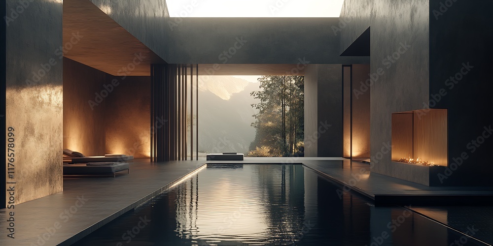 Poster Modern Architectural Infinity Pool with Mountain Backdrop and Sleek Interior Design : Generative AI