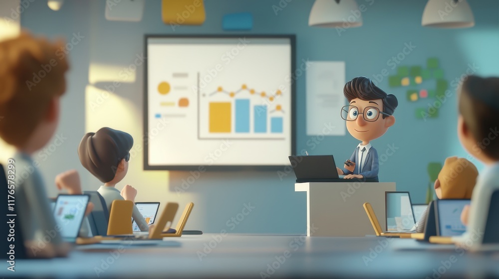 Aufkleber cartoon business presentation: a charismatic presenter delivers a compelling data-driven presentatio
