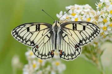 Naklejka premium Cream butterfly, black markings, perched on white flowers.