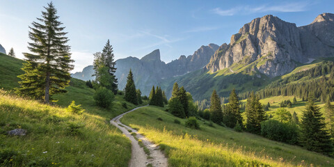 A Scenic Summer Landscape in the Mountains Featuring a Hiking Trail