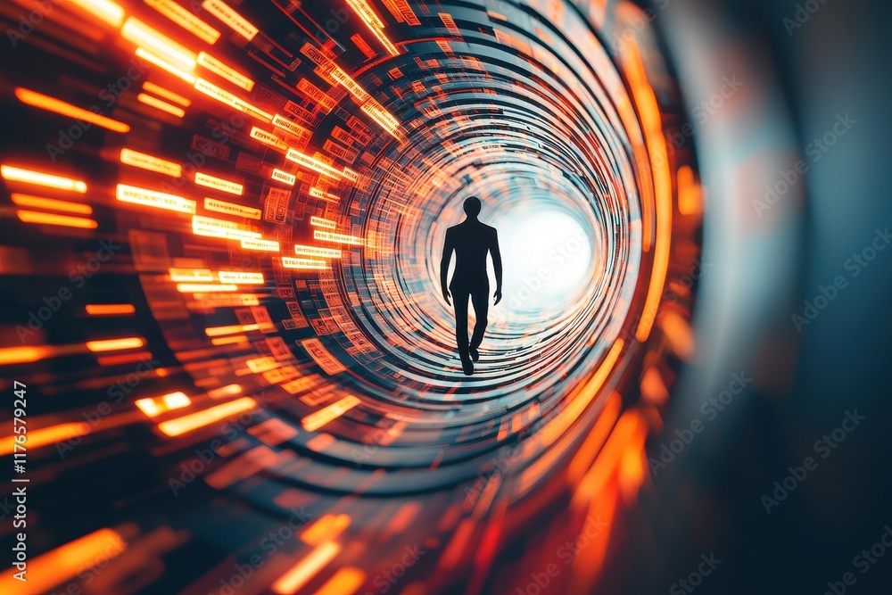 Poster a silhouette walks through a glowing tunnel of vibrant colors, creating a sense of depth and movemen