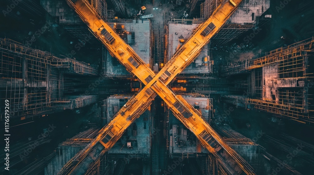 Poster aerial view of intersecting industrial structures.