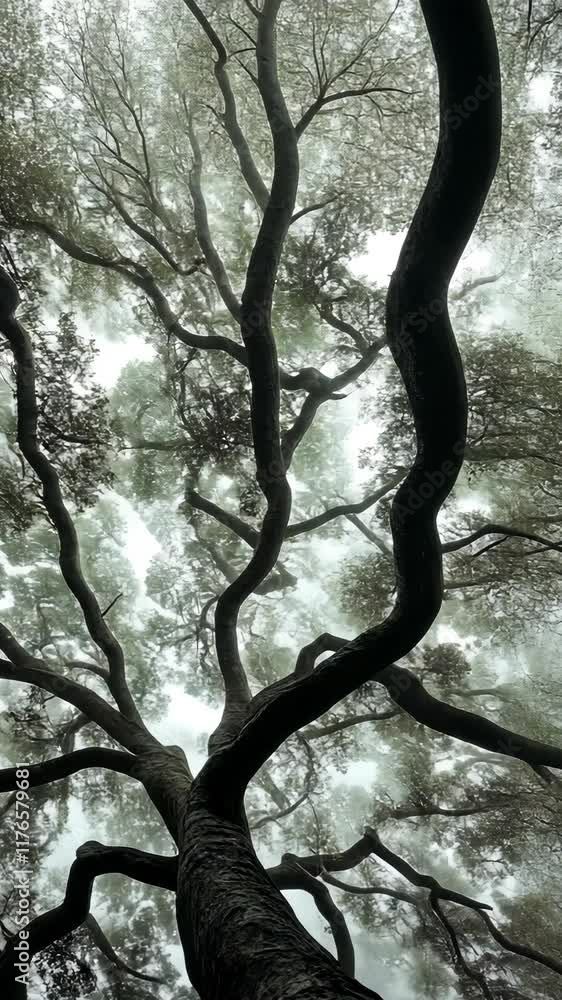 Poster lush green trees with twisting branches reach towards the overcast sky in a serene forest setting