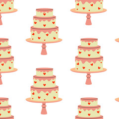 Colorful decorated wedding cake pattern with hearts on a white background for event design