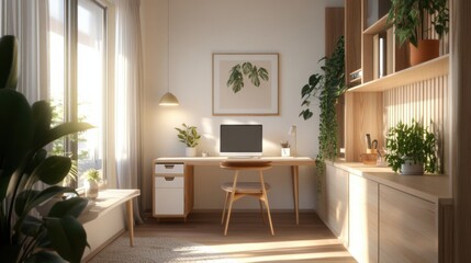 a computer desk sitting in a room next to a window