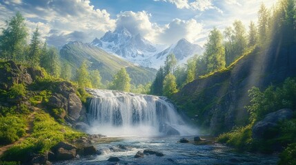 Fototapeta premium Scenic view of a cascading waterfall flowing through lush green forests and surrounded by towering majestic mountains creating a serene and tranquil natural landscape for outdoor adventure and