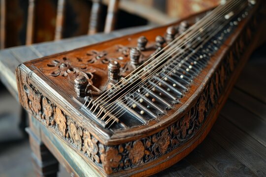 Ornate wooden stringed instrument, intricately carved.