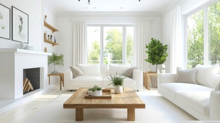 Fototapeta premium a living room with white furniture and a fireplace