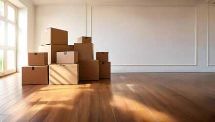 綺麗な部屋にある山積みの段ボール。窓から光が射す部屋と段ボール。A mountain of cardboard boxes in a beautiful room. A room with light shining through the window and cardboard boxes.