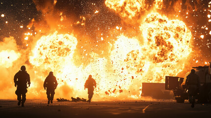 Naklejka premium Dramatic Explosion Scene with Bright Fiery Flames and Smoke in Hollywood Style